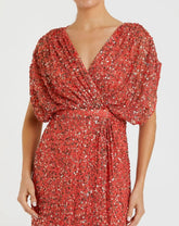 Red Draped Sleeve V Neck Gown